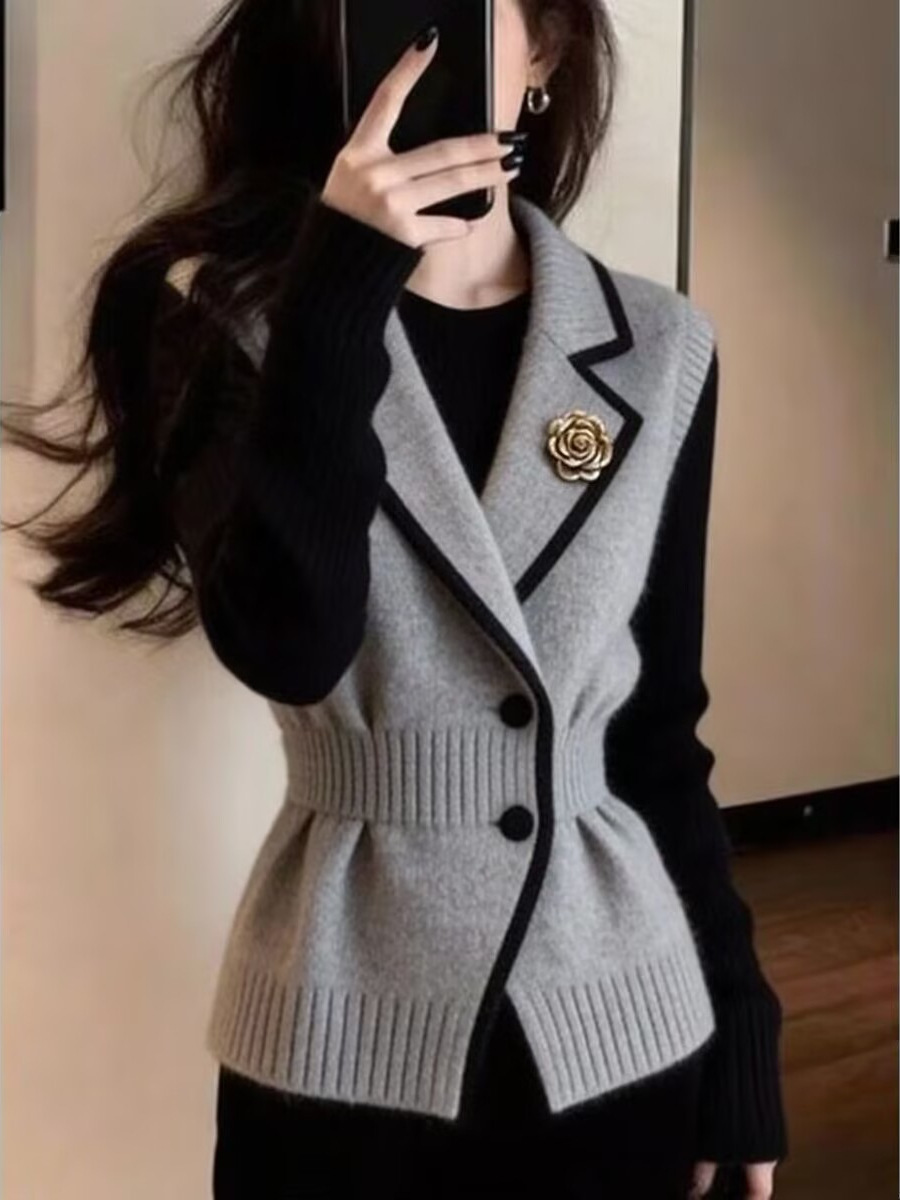 Áo gile len nữ phong cách Pháp dệt kim màu xám ôm eo — màu xám