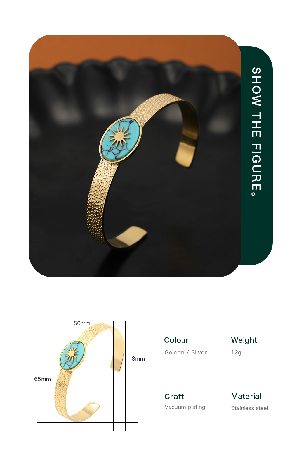 Fashion Sun Oval Stainless Steel Bangle Metal Natural Stone Stainless Steel Bracelets