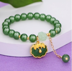 S079-Pulsera de cuentas de jade Donglin con candado Ping An verde#tamaño 352