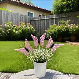 跨境蝴蝶彩绘铁艺金属花插创意花园插件花盆庭院地插庭院户外装饰