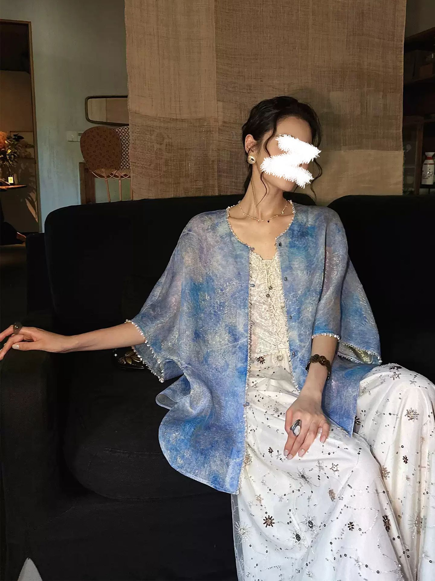 Áo khoác cardigan nữ họa tiết loang màu phong cách tân cổ điển, tay ngắn, dáng rộng — Xanh liễu, Xanh trời, Bột đào, Thải Đường chi tiết 4