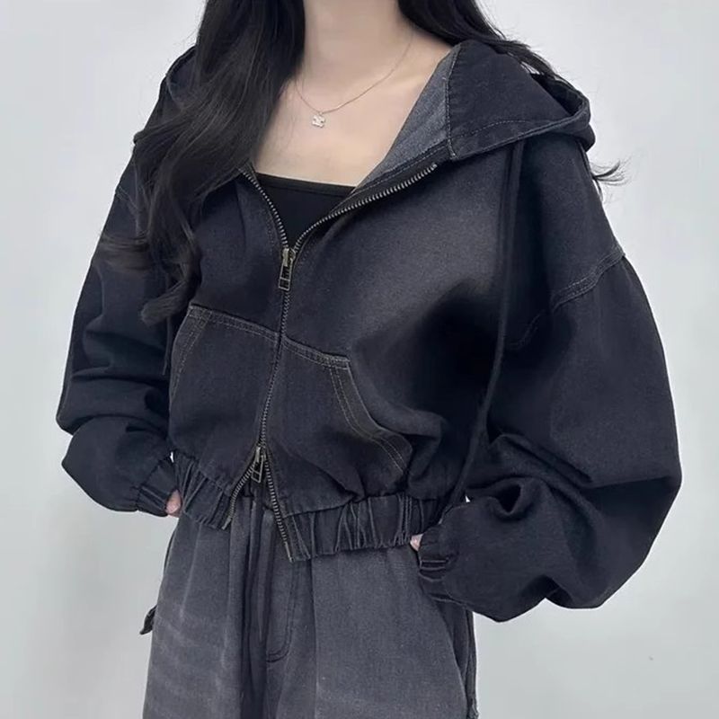韩国chic春秋港风气质双拉链宽松休闲百搭短款长袖连帽牛仔外套女|undefined