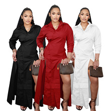 TW782跨境新款外贸复古优雅时尚收腰大摆开叉衬衫连衣裙欧美通勤