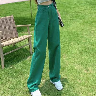 Spring and Autumn New Dark Green Wide-Leg Jeans Women's Soil Distinctive Straight Pants Casual Trendy Slimming Jeans