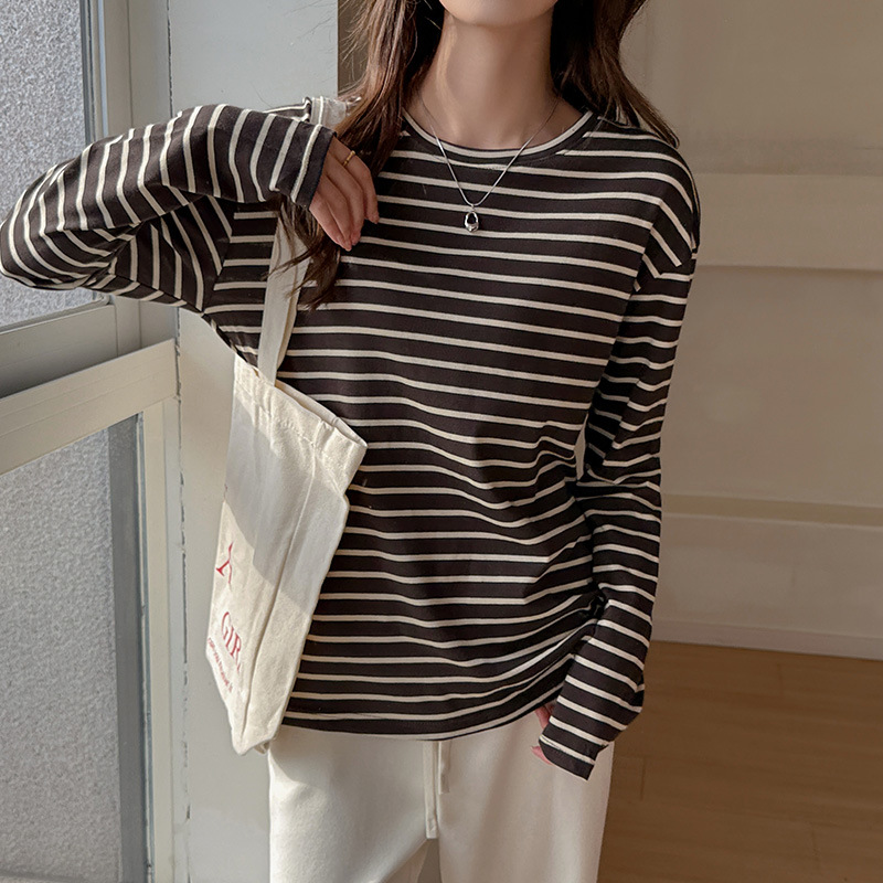 工厂韩系宽松慵懒风长袖t恤女条纹撞色圆领设计感显瘦内搭上衣