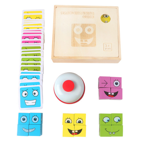 New Children's Wooden Face-Changing Magic Cube Expression Building Blocks with Bell Box Parent-Child Interactive Thinking Intelligence Tabletop Game Toy