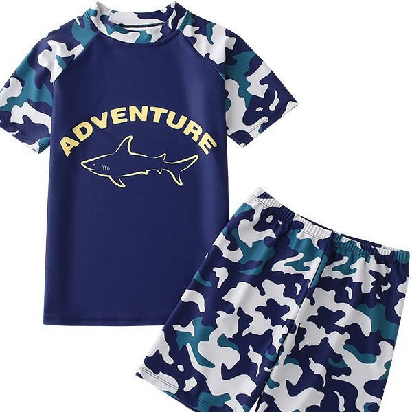 2025 new boys' enlarged short-sleeved swimming trunks for sunscreen quick-drying sunscreen split swimsuit for middle and large children teenagers and students