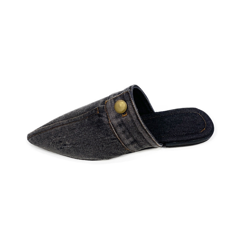 European and American Style Washed Denim Flat Mules for Women, Large Size Pointed Toe Slip-On Shoes Wish