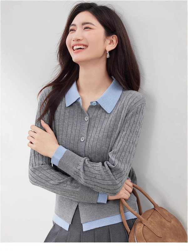 朗文**女装坑条纹针织开衫女2025秋季新款简约通勤假两件拼接上衣|undefined