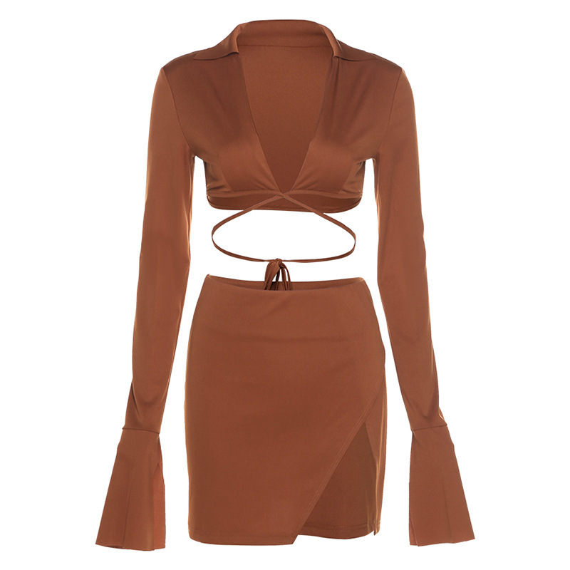 Style Early Autumn New Women Clothing Long Sleeve Short Lace-up Cardigan Sexy Slit Sheath Skirt Casual Suit in Skirt Sets
