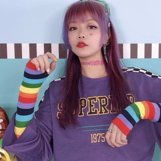 Ice sleeve sun protection female cute Harajuku style elegant style rainbow oversleeve female student knitted sun protection sleeve arm cover summer