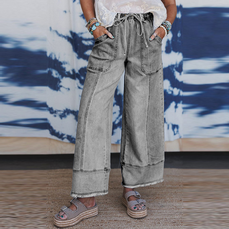 Independent Station Cross-Border Hot Sale Autumn New Solid Color Women's Jeans European and American Casual Versatile Large Pocket Straight Pants Women