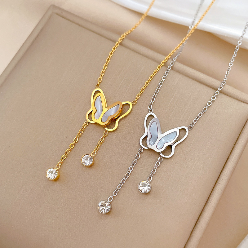 Titanium Steel IG Style Sweet Plating Inlay Butterfly Shell Zircon Necklace display picture 5
