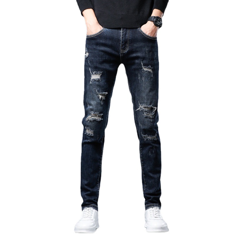 Xintang nuevo rasgado bordado jeans de estilo coreano de los hombres de moda estiramiento adelgazante Delgado casual pequeños pies pantalones largos hombres