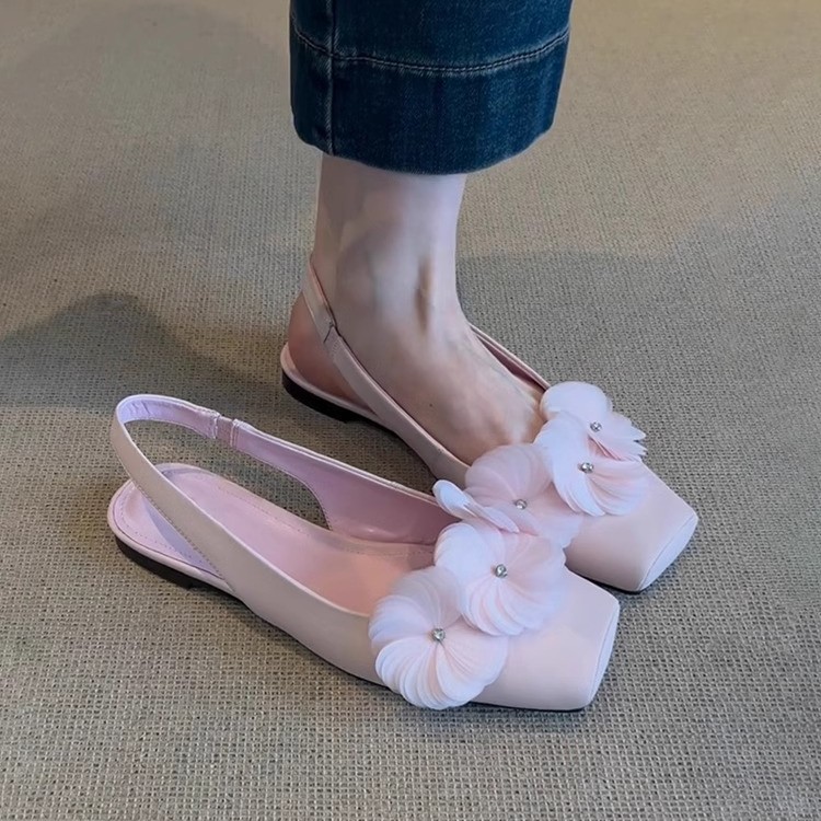 La marea no es sur ~ Zapatos con cabeza de bolso de flores para mujer, sandalias de punta cuadrada de verano, zapatos planos con cinturón de viento de hadas