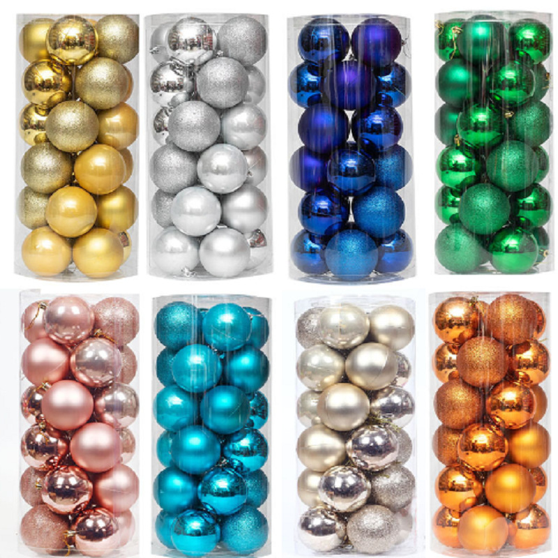Decoración de árbol de navidad 3cm4cm6cm8cm bola de navidad de barril de plástico galvanoplastia mate bola de polvo brillante 24 paquetes mixtos
