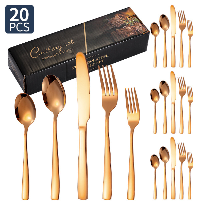Transfronterizo Amazon cubiertos de acero inoxidable de mango cuadrado 20 / 24 / 30 piezas set cuchillo de filete de comida occidental tenedor cuchara set box