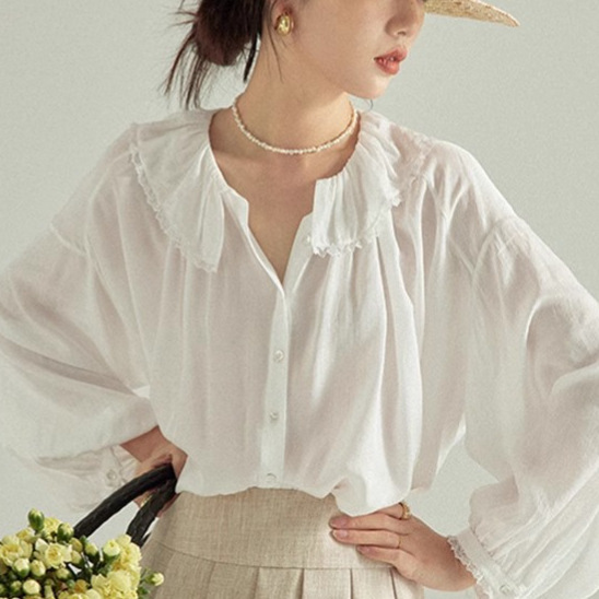 Tencel acetate blend ruffled white long sleeve shirt women's retro loose lantern sleeve top