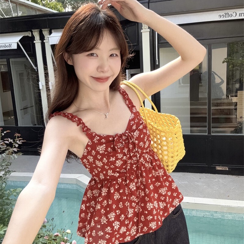 Korean Style Gentle and Stylish Floral Camisole Women's Summer New Retro Sweet and Spicy Lace-Up Age-Reducing Short Top Korean Style Gentle and Stylish Floral Camisole Women's Summer New Retro Sweet and Spicy Lace-Up Age-Reducing Short Top