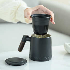 茶水分离杯茶杯陶瓷杯子高颜值泡茶杯办公马克杯带盖节庆礼品批发