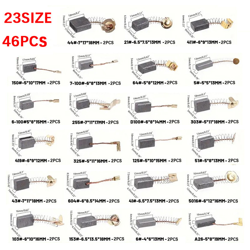 46pcs电机碳刷含23种不同规格碳刷适用于碳刷电机的维护