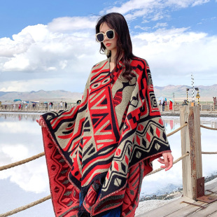 Ethnic Style Travel Multi-Purpose Geometric Shawl Xinjiang Qinghai Xizang Vacation Imitation Cashmere Tassel Thickeneded Cloak