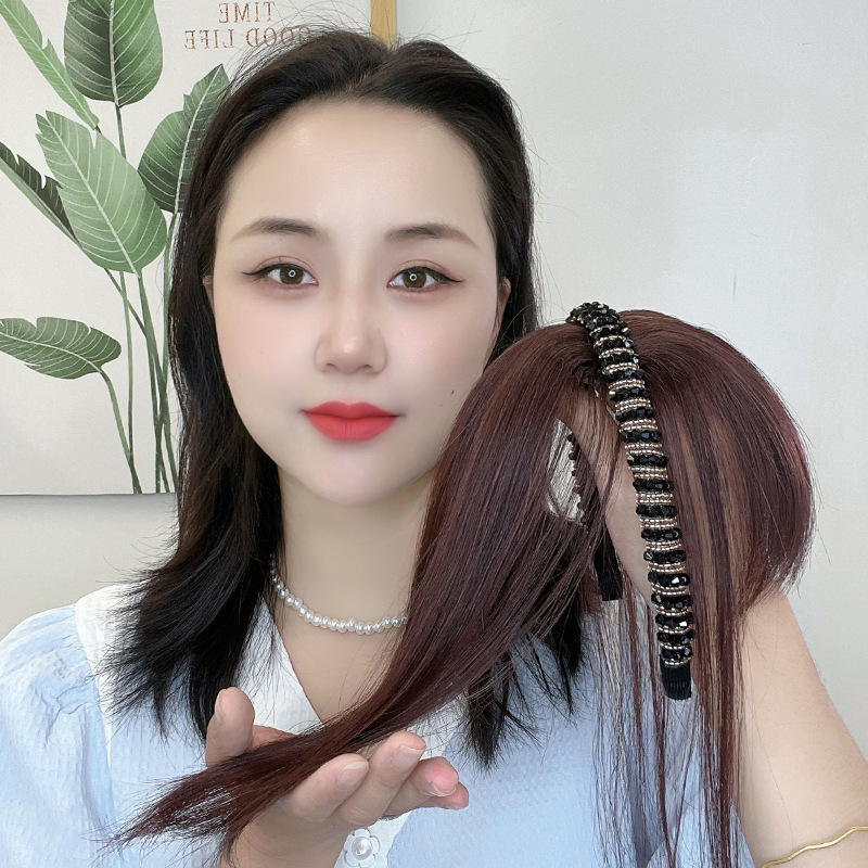 Shake the same rhinestone hairband bangs one-piece wig hair top reissue piece real hair Star diamond hairband