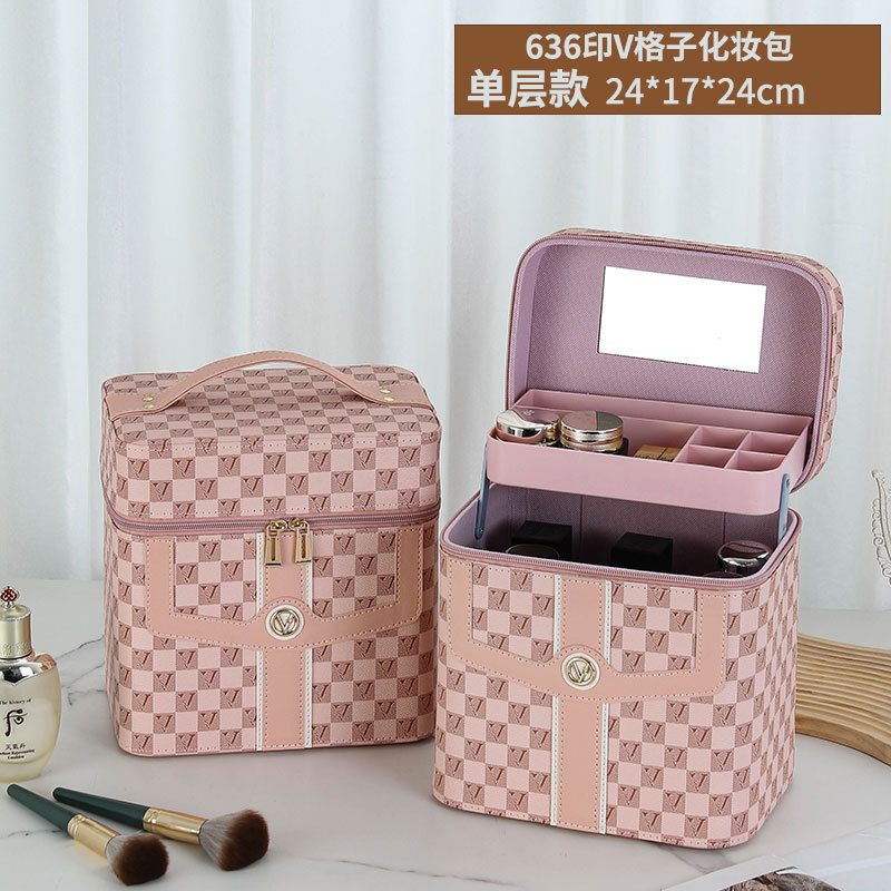 Caja de cosméticos a cuadros en forma de V transfronteriza, bolsa de almacenamiento para el cuidado de la piel portátil, caja de herramientas grande multifuncional portátil de alta gama para mujer