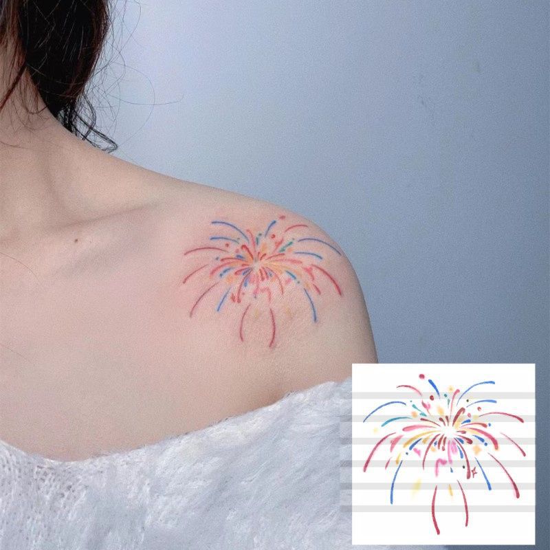 Colorful Fireworks Tattoo Sticker Waterproof Women's Lasting Collarbone Wrist Sexy Cover Simple ins Artistic High Sense