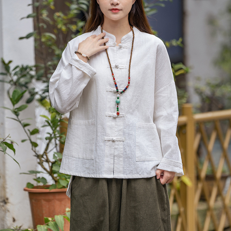 Cotton and Linen Sand-Washed New Chinese-Style Women's Top 2026 Spring Collection with Traditional Chinese Buttons, Tea Art Attire, Zen-Style Meditation and Tai Chi Clothing Cotton and Linen Sand-Washed New Chinese-Style Women's Top 2026 Spring Collection with Traditional Chinese Buttons, Tea Art Attire, Zen-Style Meditation and Tai Chi Clothing