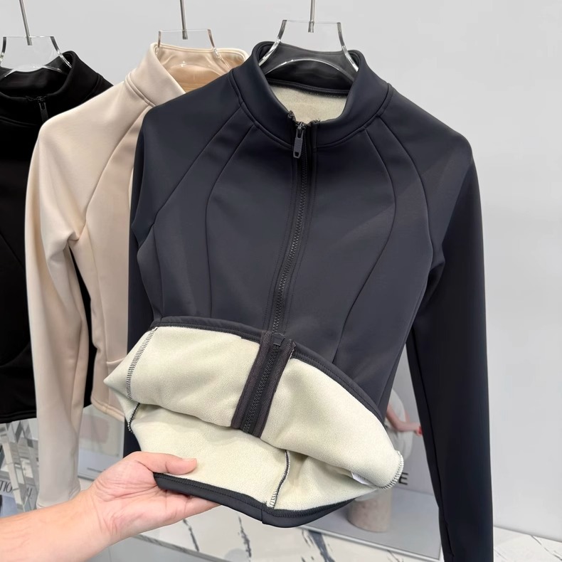 Spring Training Sports Jacket for Women, Outdoor Fleece-Lined Warm Fitness Clothing, Women's Workout Stand-Up Collar Yoga Top