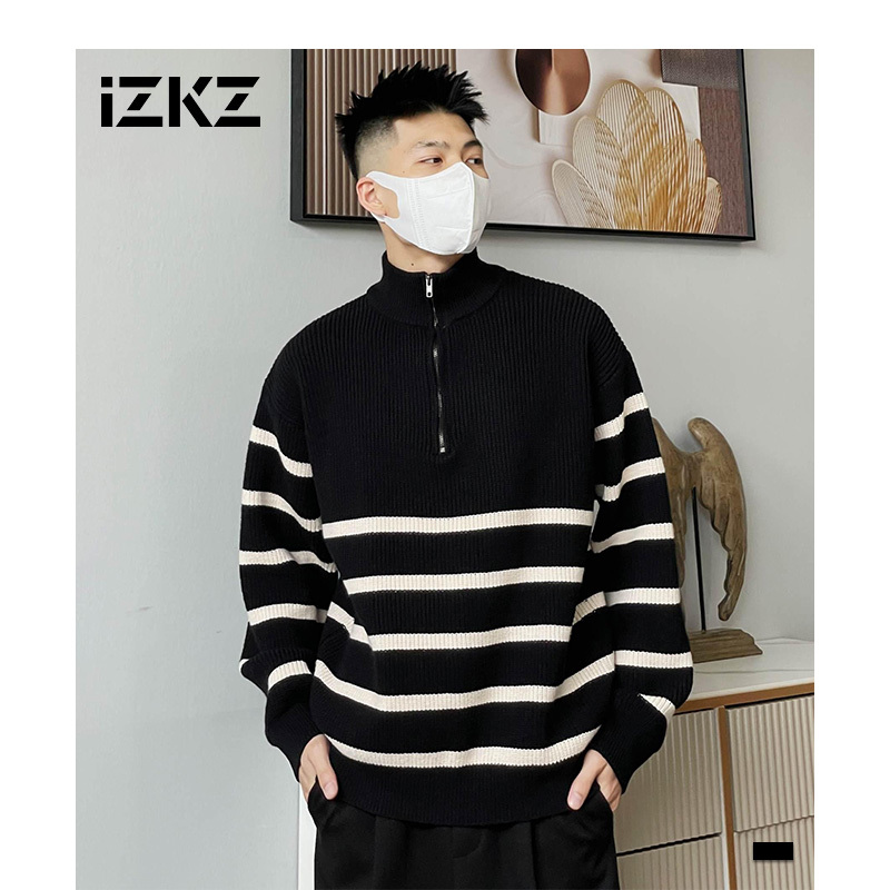 Sweater for Autumn and Winter Men's Wear, Warm Inner Layer, Striped Stand-Up Collar, Loose Fit, Large Size, Oversized Knit Top, Available for Cross-Border Shipping