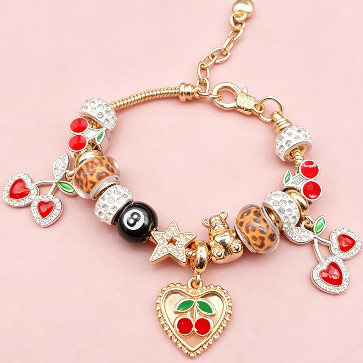 Pan pulsera sexy estampado leopardo negro ocho cuentas pulsera de diamante amor pentagramas osos colgante joyas de moda image 1