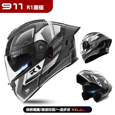 Foreign Trade Motorcycle Open-Face Helmet for Men, Winter Warm and Cold-Proof Electric Vehicle Helmet for Women, Motorcycle Safety Half Helmet (Motosiklet kaskı (dəbilqə)) - 911-face-mask-r1-black-silver-hd-dual-mirror