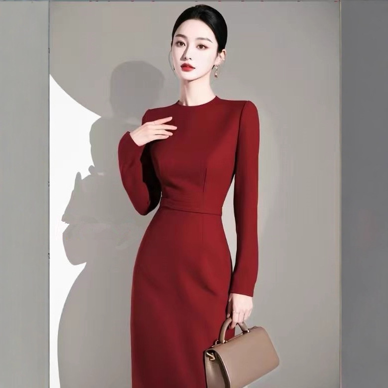 New Early Spring Important French Style High-End Evening Dress Red Dress Women's Slim Long Sleeves 2025
