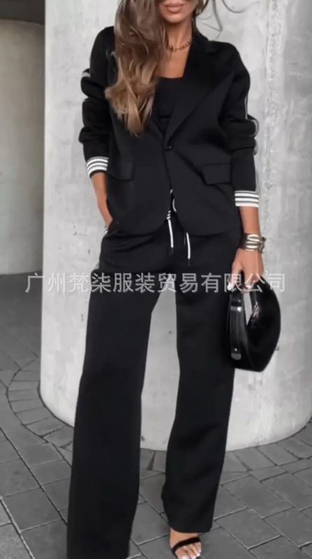 2025欧美跨境亚马逊时尚新款罗纹拼接外套休闲长裤通勤两件套套装|undefined