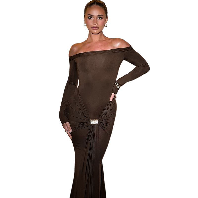 European And American Style Women's Fashion 2024 Autumn Winter New Fashionable Elegant Off-Shoulder Solid Color Long_ecoleips.com