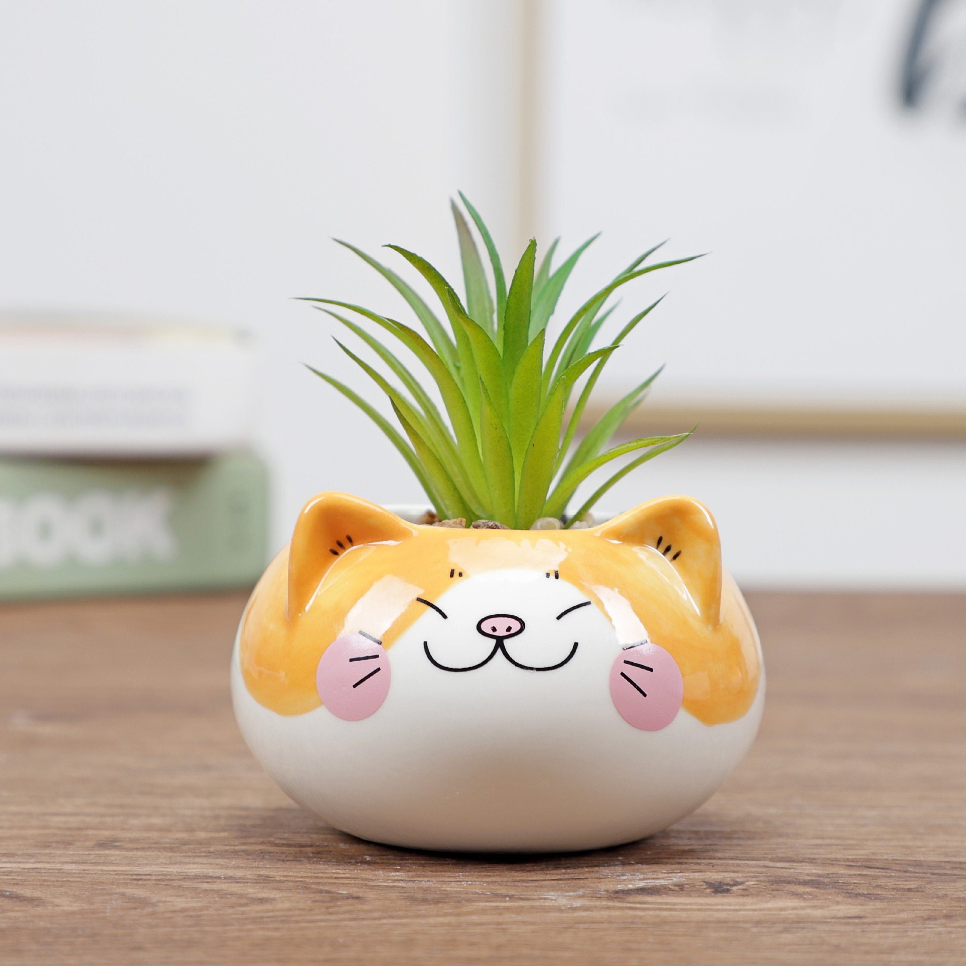Maceta de cerámica con diseño de planta verde de estilo caricaturesco, adorno de decoración para el hogar, linda figura de animal con infusión de cera, recipiente de aromaterapia para escritorio