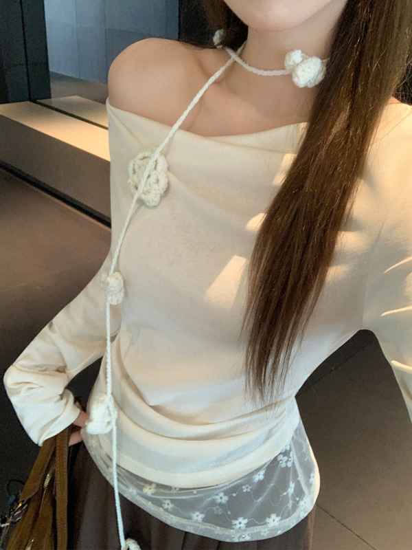 内搭打底纯色荡领蕾丝褶皱露肩挂花长袖T恤斜领修身显瘦上衣女装|undefined