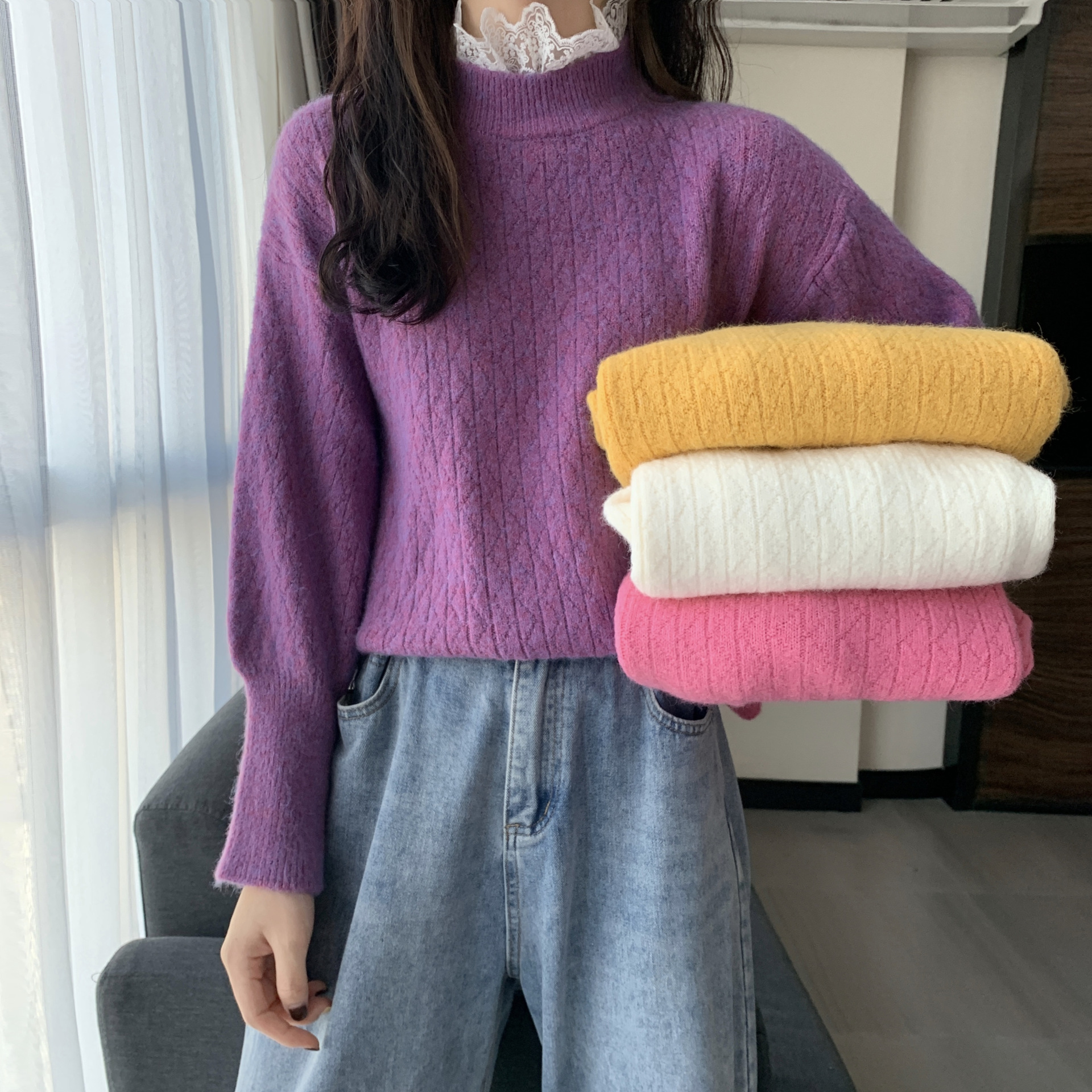 拼接蕾丝领假两件加厚毛衣女2020秋冬款宽松针织衫套头百搭上衣女