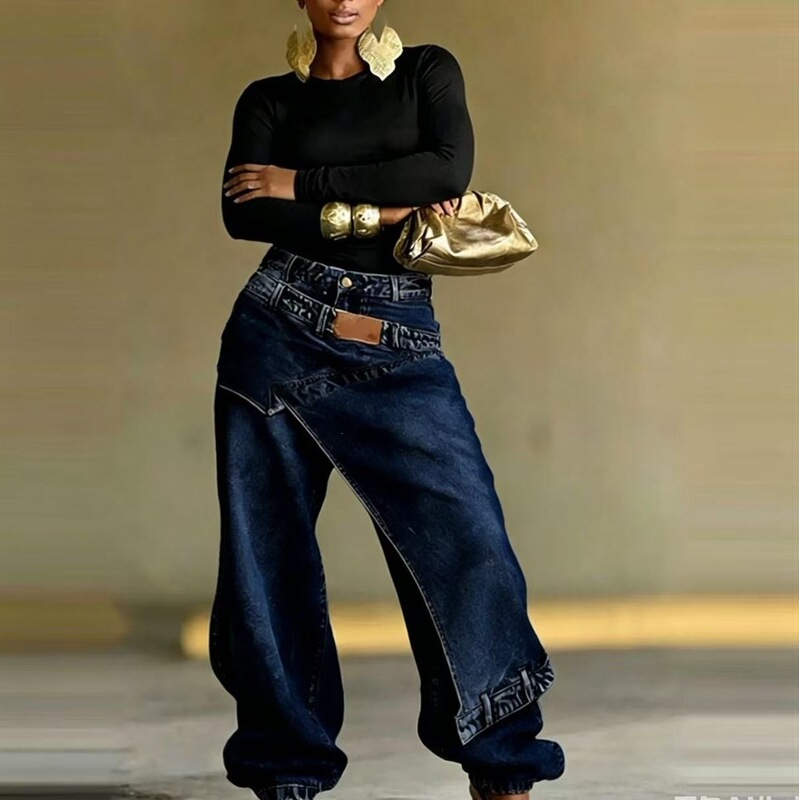 Exclusively for Cross-Border Sales to Europe and America, Women's Faux Two-Piece Layered Washed Denim Pants, High-Waisted, Slim-Fit, Wide-Leg Long Pants Exclusively for Cross-Border Sales to Europe and America, Women's Faux Two-Piece Layered Washed Denim Pants, High-Waisted, Slim-Fit, Wide-Leg Long Pants