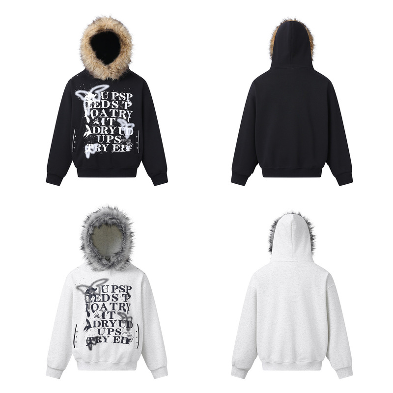 Autumn and Winter New American Fashion Brand Letter Printed Fur Collar Sweatshirt for Men and Women Couples High Street Hooded Jacket Cross-Border