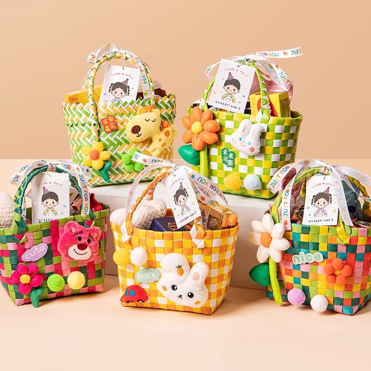 编制篮子卡通手提新款彩色方格可爱方形草编包手拎编织包女包百搭