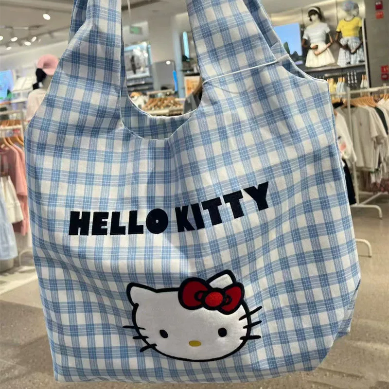 Одноплечевая сумка Hello Kitty, синяя‑белая клетка, лёгкая повседневная