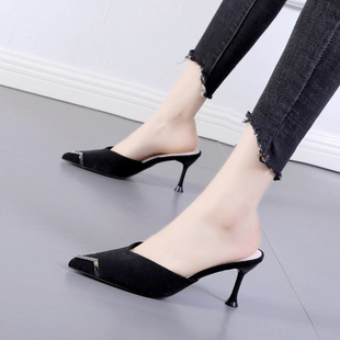 176-3 Korean Style Stiletto Slip-On Shoes for Women, 2025 Spring and Summer New Model, Closed-Toe Half Slippers with Rhinestones, Metal Pointed Toe High Heels