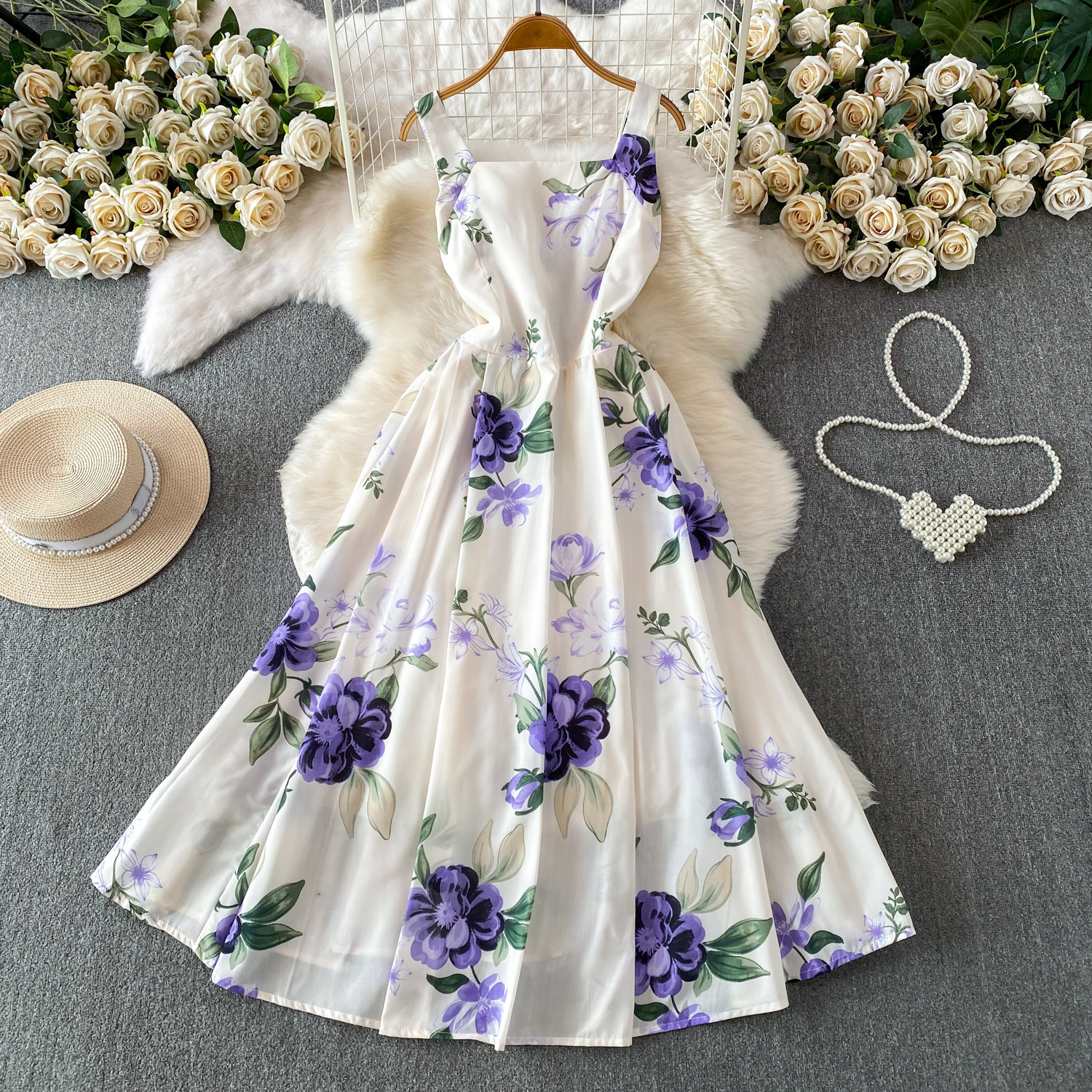 Romantic Floral Print Square Neck Dress European American Style Summer Suspender High Waist Cinching Slimming Full Skirt Women's Clothing_ecoleips.com