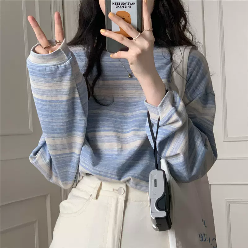 条纹长袖T恤女春秋季韩版圆领长袖T恤女宽松学生打底衫上衣批发