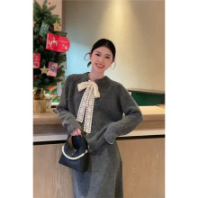 韩国chic秋冬温柔小香风蕾丝系带软糯针织毛衣+A字长裙遮肚子套装