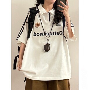 American Retro Contrasting Color Stitching Letter Printed Polo Shirts for Men and Women Summer New Loose Short-Sleeved T-Shirt Tops Trendy