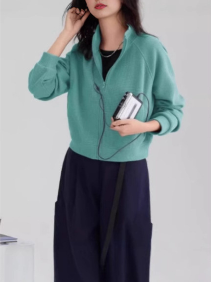 松弛感立领棒球服潮2025春秋款多巴胺吸睛色基础简约华夫格外套女|undefined